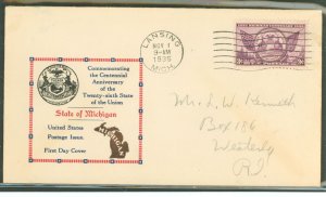 US 775 1935 3c Michigan Statehood Centennial (single) on an addressed first day cover with an Eagle cover service cachet.