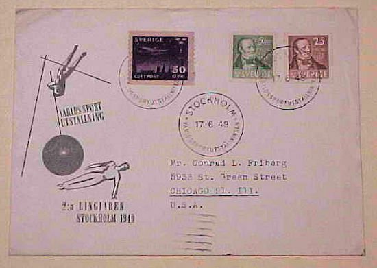 SWEDEN COVER 1949 SPORTS EXPO WITH 50ore STAMP B/S USA