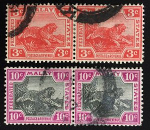 Malaya 1904-17 Federated Malay States FMS Tiger 3c & 10c pairs Used MCCA M1994