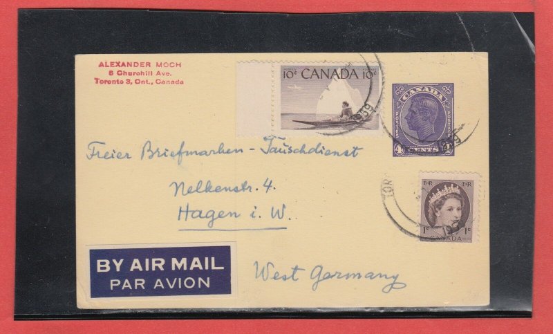 1959 air mail 15c post card to WEst Germany, wilding, George VI stat card Canada