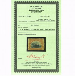 GENUINE SCOTT #299 F-VF MINT OG NH CERT 1901 YELLOW BROWN & BLACK 10¢ PANAM EXPO