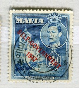 MALTA; 1947 early GVI SELF GOVT. issue fine used 3d. value POSTMARK