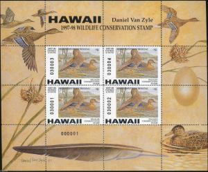 HAWAII #2M 1997 STATE DUCK STAMP MINI SHEET OF 4 HAWAIIAN DUCK  Daniel Van Zyle