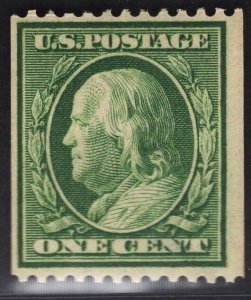 US #387 One Cent Green Franklin Coil MINT HINGED SCV $190.00