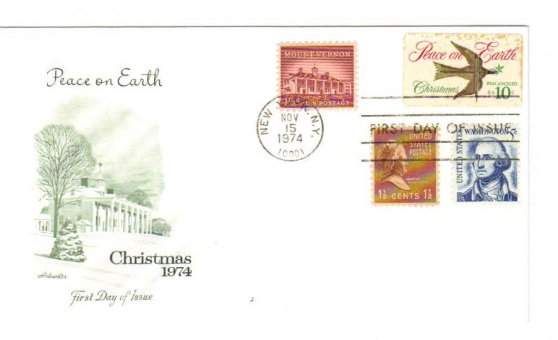 US 1552 10c Christmas Dove FDC w other stamps Artmaster Cachet Unadd ECV $12.50