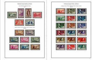 COLOR PRINTED FRENCH EQT. AFRICA 1936-1958 STAMP ALBUM PAGES (30 illustr. pages)