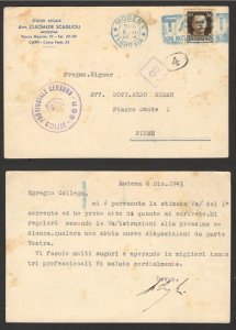 ITALY TO CROATIA NDH - CENSORSHIP METTER POSTCARD - MODENA TO FIUME -1943.