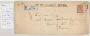 JAMAICA TO FRANCE 1909,REG OHMS COVER TO USA, QV 4d RATE (SG#48)RARE (SEE BELOW