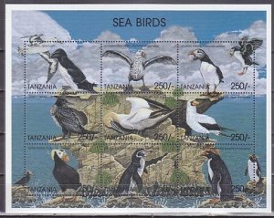 Tanzania, Scott cat. 1976 a-i. Sea Birds & Penguins sheet of 9.