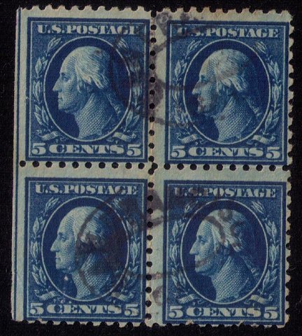 US 428  Used 5c Blue Washington Used Zip Block Of Four F-VF