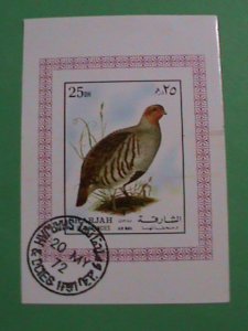 SHARJAH STAMPS: 1972 BEAUTIFUL COLORFUL BIRD CTO STAMP S/S WITH FIRST DAY CANCEL