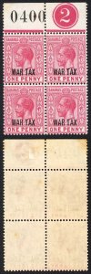 Bahamas SG97 1d opt War Tax plate Block (toned)