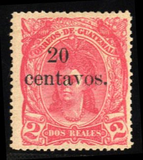 Guatemala #20 Cat$100, 1881 20c on 2r carmine red, hinged