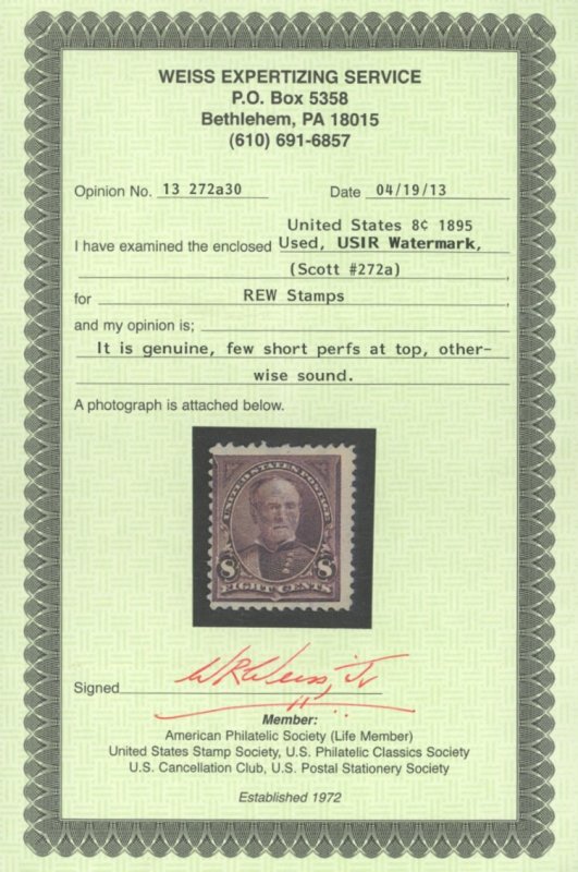 U.S. #272a USED WITH WEISS CERT