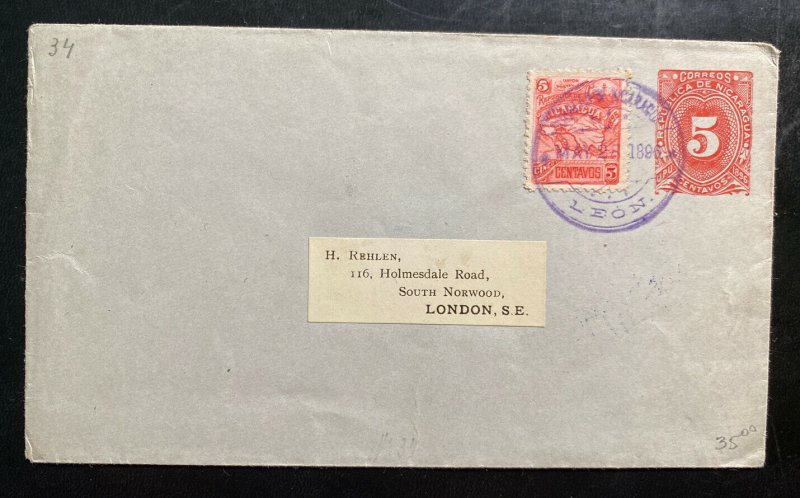 1896 Leon Nicaragua Postal Stationery Uprated Cover To London England