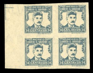 Salvador #C103 Cat$25, 1946 14c dull green, sheet margin block of four, never...