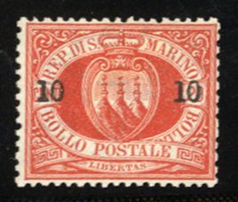 San Marino #28 Cat$300, 1892 10c on 20c vermilion, unused without gum