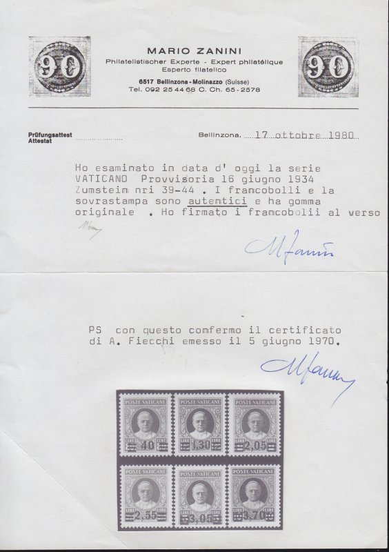 Vatican 1934 Provisional Surcharge set 1st printing MNH ** Genuine, PHOTO CERT 