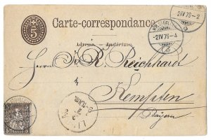 Wil, St. Gallen, Switzerland to Bavaria 1879 Uprated 5c Postal Card, Scott 43