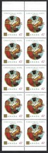 Canada #1452a 42¢ Jouluvana (1992). Pane of 10 stamps. MNH