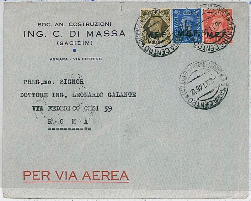 M.E.F. Middle East Forces : POSTAL HISTORY: cover from ASMARA to ROME 1946