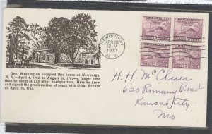 US 727 1933 3c Washington's Headquarters bl of 4 on an addressed FDC with a Horn cachet