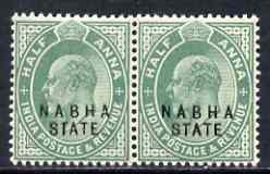 Indian States - Nabha 1903-09 KE7 1/2a green horiz pair, ...