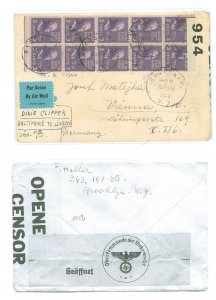 US 807 1940 3c Jefferson (presidential/prexy series) block of ten on this 1940 multi-censored cover to Vienna. The stamps paid t