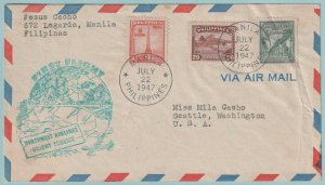 PHILIPPINES - 1947 NORTHWEST  FIRST FLIGHT COVER  MALILA TO SEATTLE WA - CV653