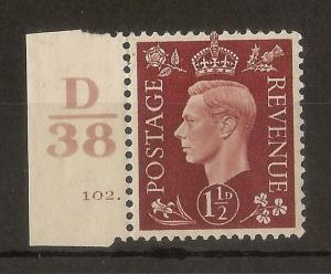 GB 1937 1.5d Brown Cyl/Control D38 102 Dot