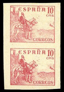 Spain #643P, 1936 El Cid, 10c imperf. proof in rose without imprint on gummed...