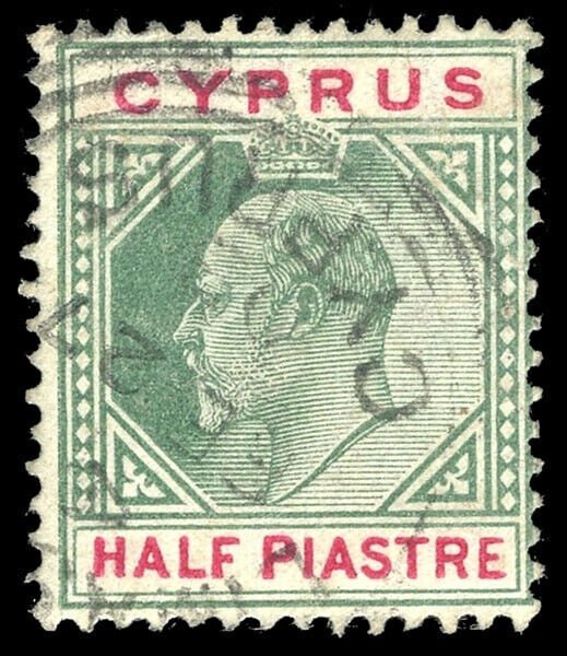 Cyprus 1902 KEVI ½pi green & carmine WATERMARK INVERTED very fine used. SG 50w.