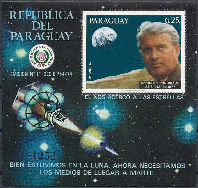 1977 Paraguay Wernher v. Braun, Moon, Viking, Sheet Nr. 308 VF/MNH, CAT 55$