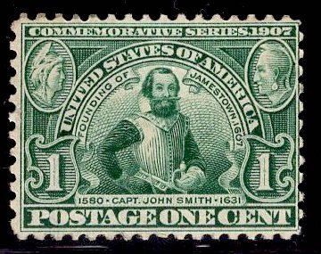 US Stamp #328 1c Green John Smith MINT NH SCV $70