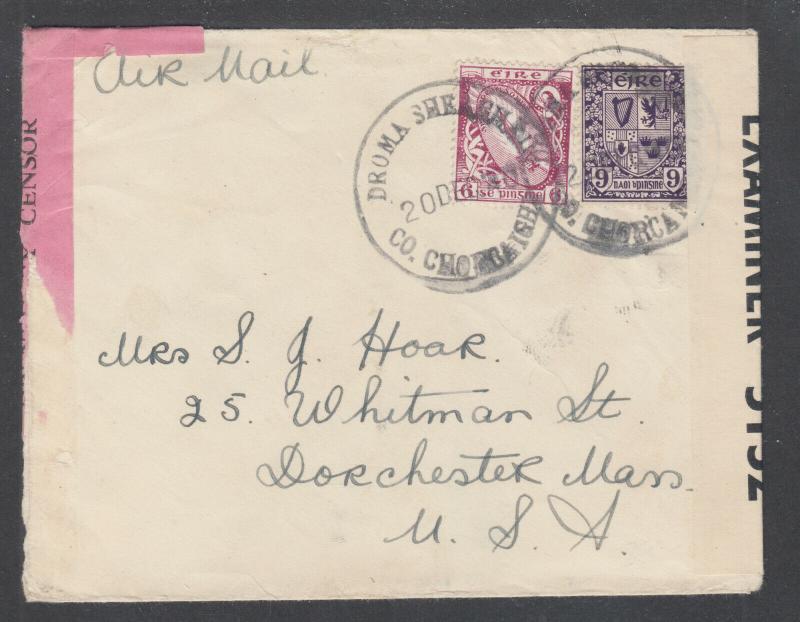 Ireland Sc 73, 74 on 1930 CENSORED Air Mail cover, Dromahane Pink Censor's Tape