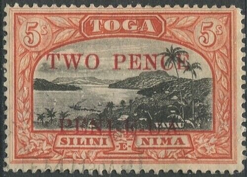 Tonga 1923 SG70 2d on 5/- Vavau Harbour #1 FU