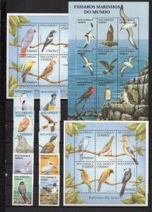 MOZAMBIGUE 2002 BIRDS SET OF 10 STAMPS & 3 SHEETS OF 6 & 9 STAMPS MNH