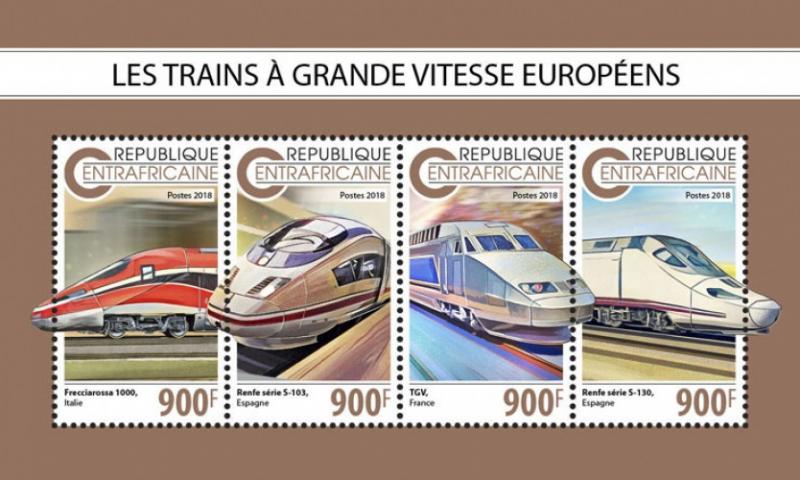 Stamps CENTRAL AFRICAN REPUBLIC. 2018 - European speed trains