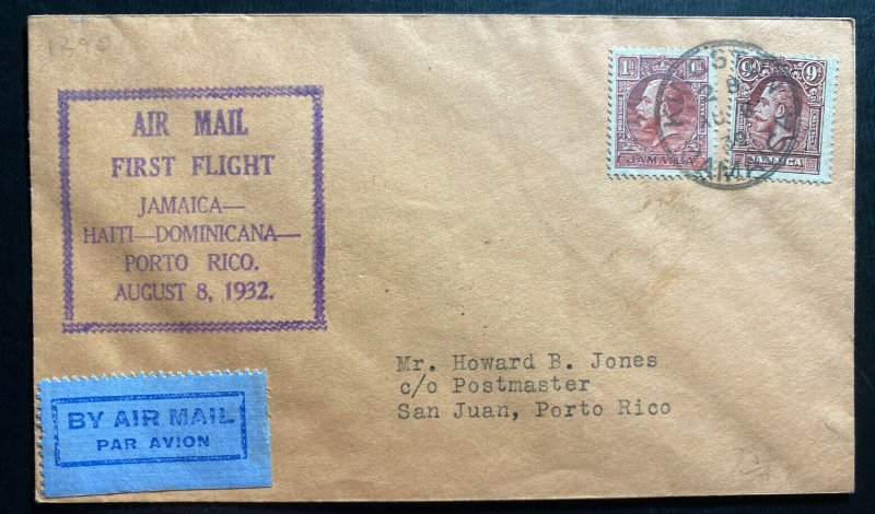 1932 Kingston Jamaica First Flight Airmail Cover FFC To San Juan Puerto Rico Usa