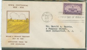 US 838 1938 3c Iowa Centennial (single) on an addressed (typed) FDC with an unknown cachet