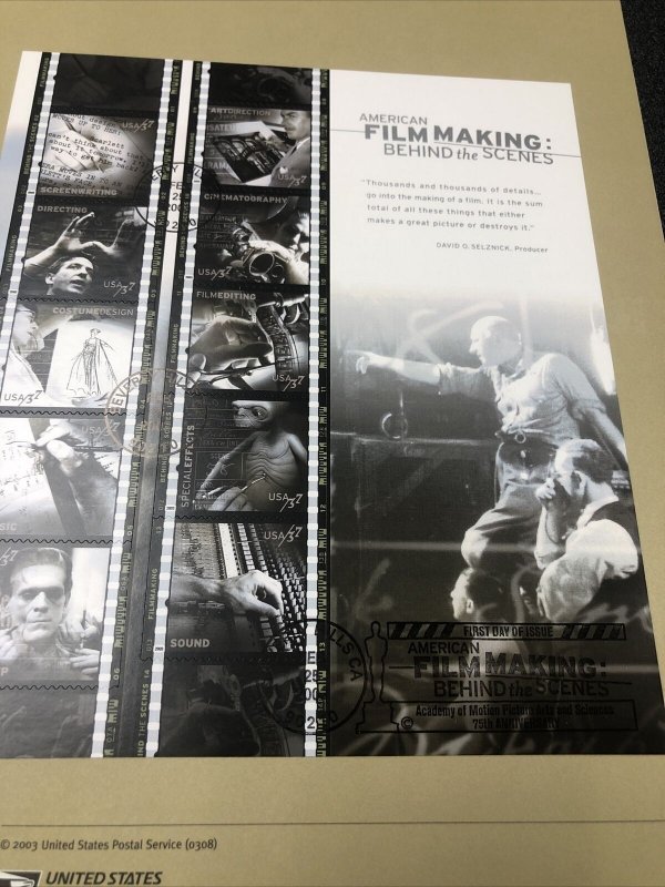 US 3772 American Filmmaking Souvenir Page First Day Of Issue 2003 