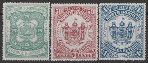 LABUAN 1896 Arms set 25c, 50c & £1, overprint omitted.