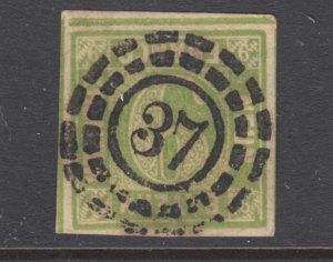 Bavaria Sc 6 used. 1850-58 9kr yellow green Numeral, 37 in open Millwheel cancel