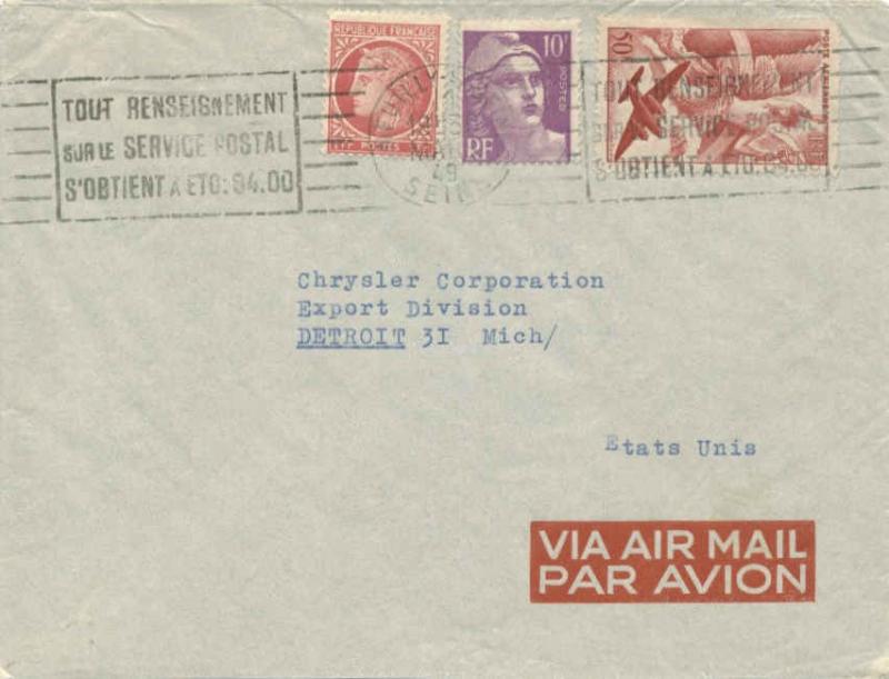 France 50F Iris Air with 1F Ceres and 10F Marianne Gandon 1949 Neuilly-sur-Se...