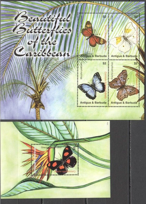 Uu0648 2007 Antigua & Barbuda Beautiful Butterflies Of Caribbean 1Kb+1Bl Mnh