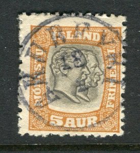 ICELAND; 1907-08 early Double Kings Portrait issue used 5a. fine POSTMARK