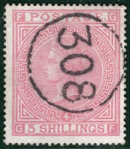 GB QV High Value SG.130 5s Rose/Blued (1882) *308* Circle Cat £4,000+75% REDS2