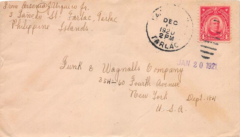 Philippines, 2c McKinley used on 1920 Cover Sent from Tarlac, P.I. to New York