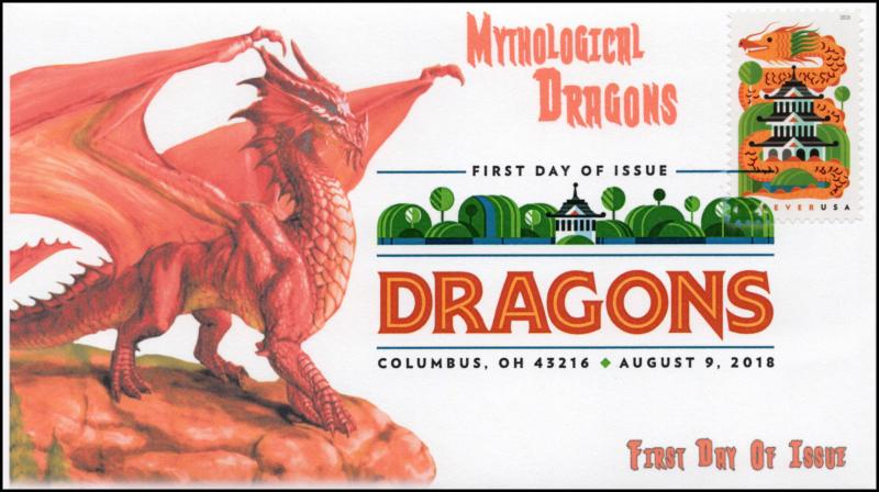 18-172, 2018, Dragons, First Day Cover, Digital Color Postmark, Orange Dragon