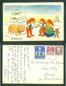 Denmark. Christmas Card 1946. Seal + 5+10 Ore. Santa Selling Hog To Santas. Adr. 